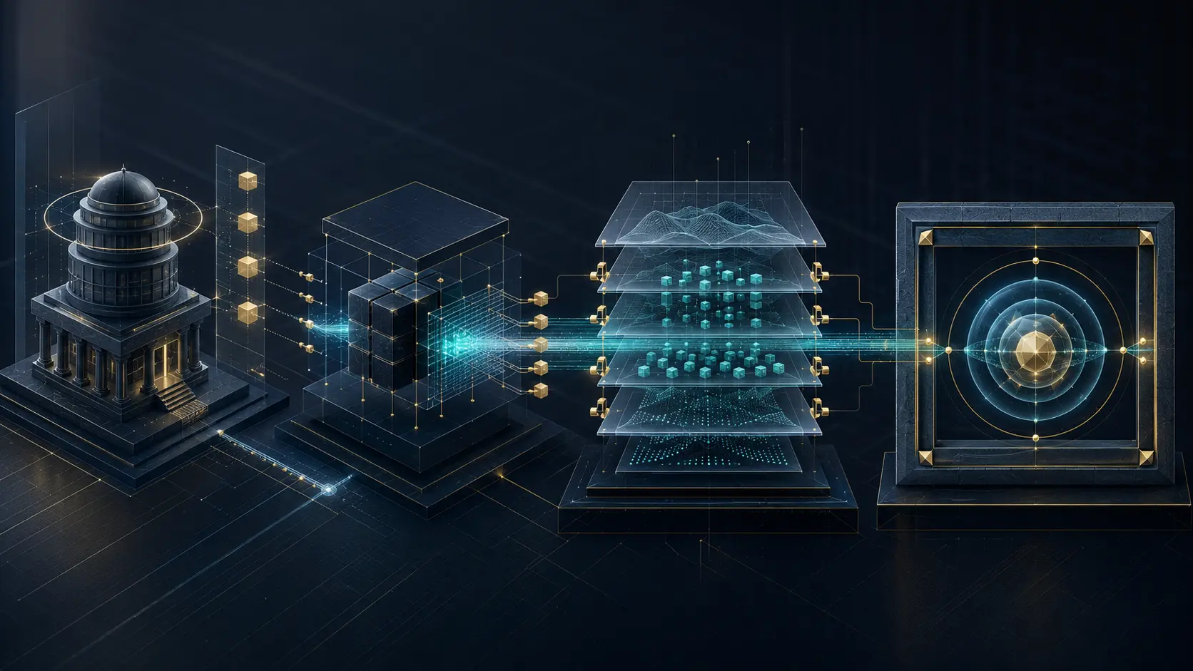 Editorial illustration representing operational AI assurance, structured participation, evidence, and independent governance